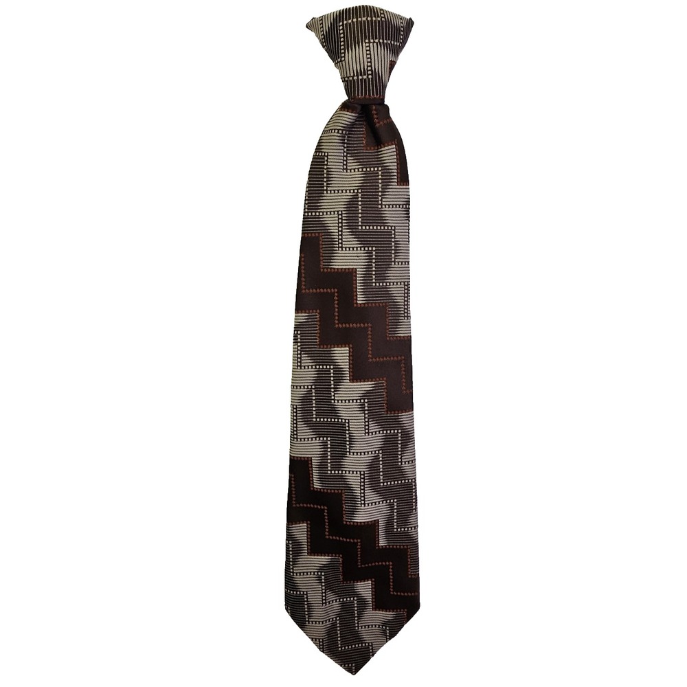 Vintage Sears Snapper Clip On Tie Brown Orange Geometric Zigzag Retro Mens 17 in